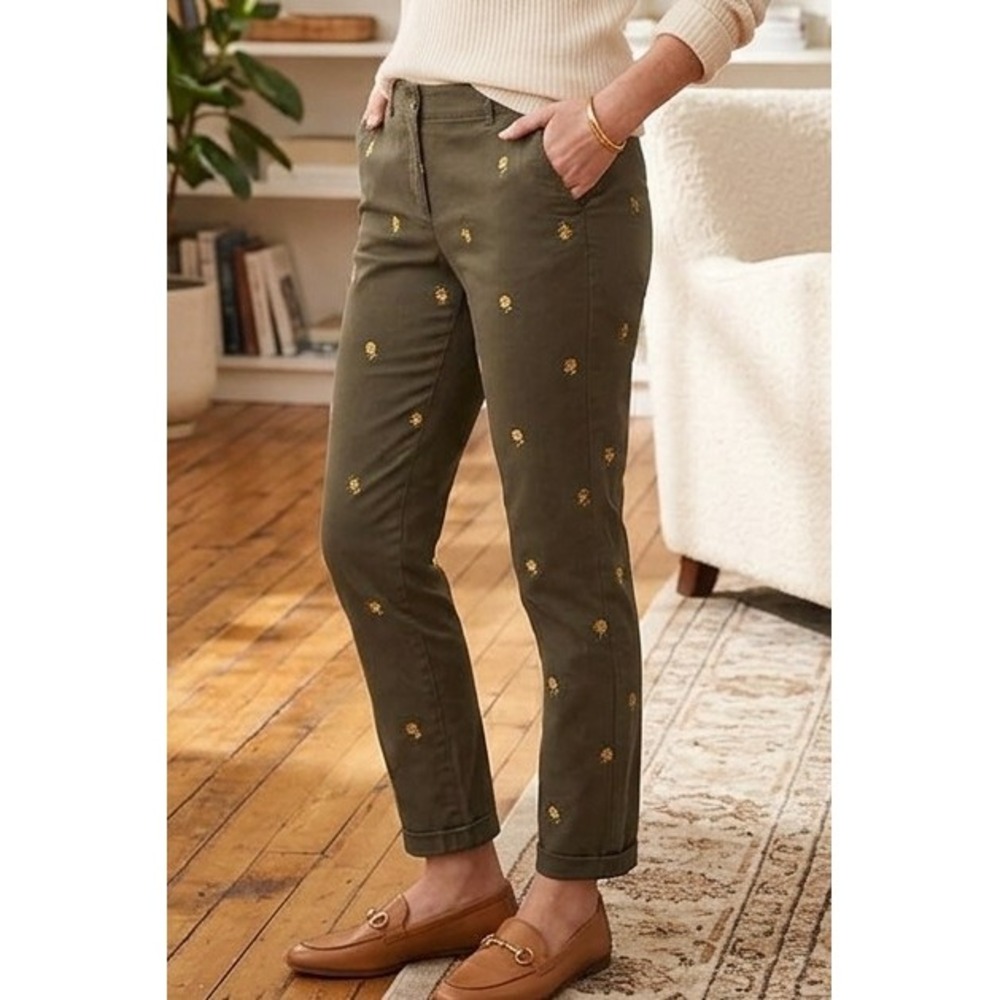 Talbots 8P Olive Green Sunflower Embroidered Slim Leg Ankle Chino Pants
